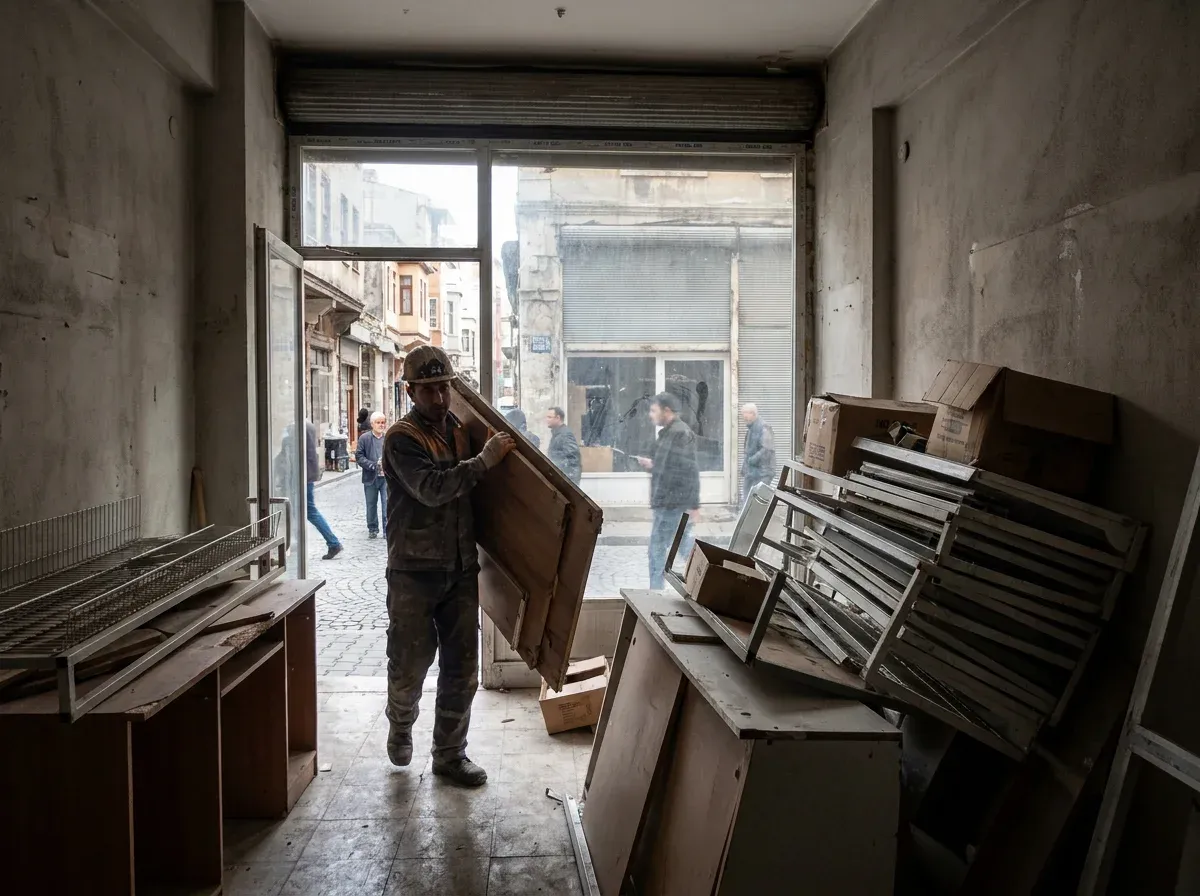 Boşaltılan dükkânda asma tavan sökümü, istiflenmiş raflar ve moloz çuvalları
