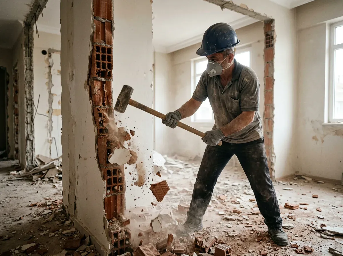 Balyozla tuğla duvar kırımı yapan usta