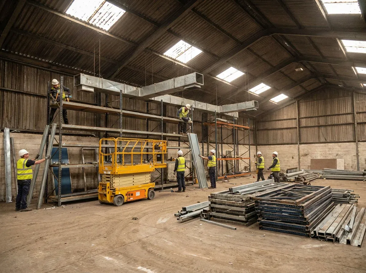 Fabrika sökümünde çelik profili kesen usta, sökülmüş raf sistemleri