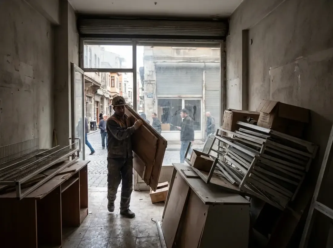 İşçi dükkândan sökülen raf ve dolapları taşıyor