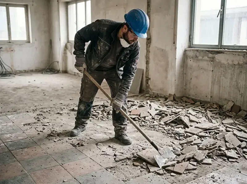 Usta küreklerle sökülmüş zemin kaplamasını topluyor