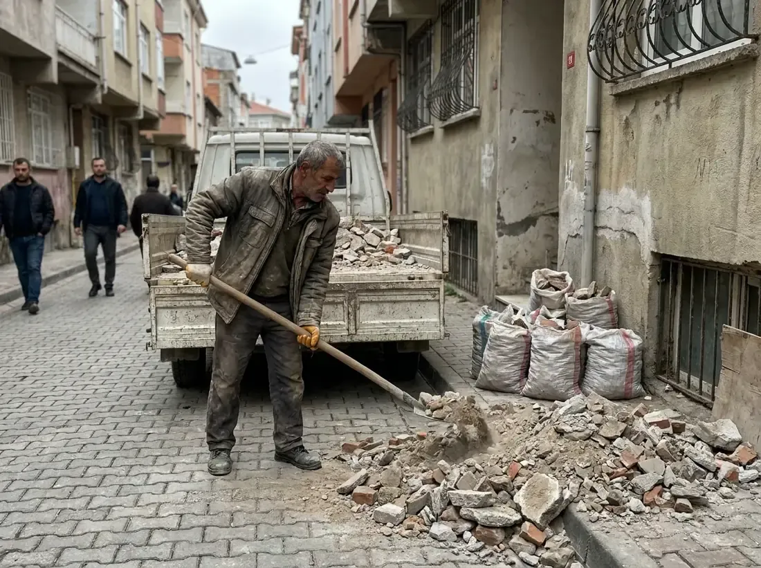 Usta sokakta molozu kamyonete yüklüyor, yanda moloz çuvalları