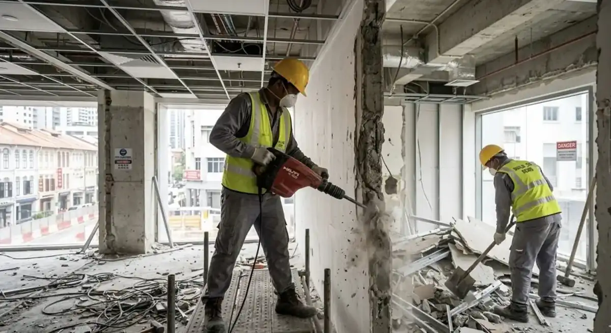 Ofis iç sökümünde hiltiyle çalışan ekip