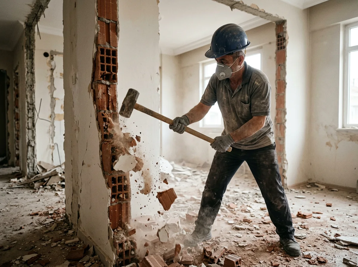 Balyozla tuğla duvar kırımı yapan usta