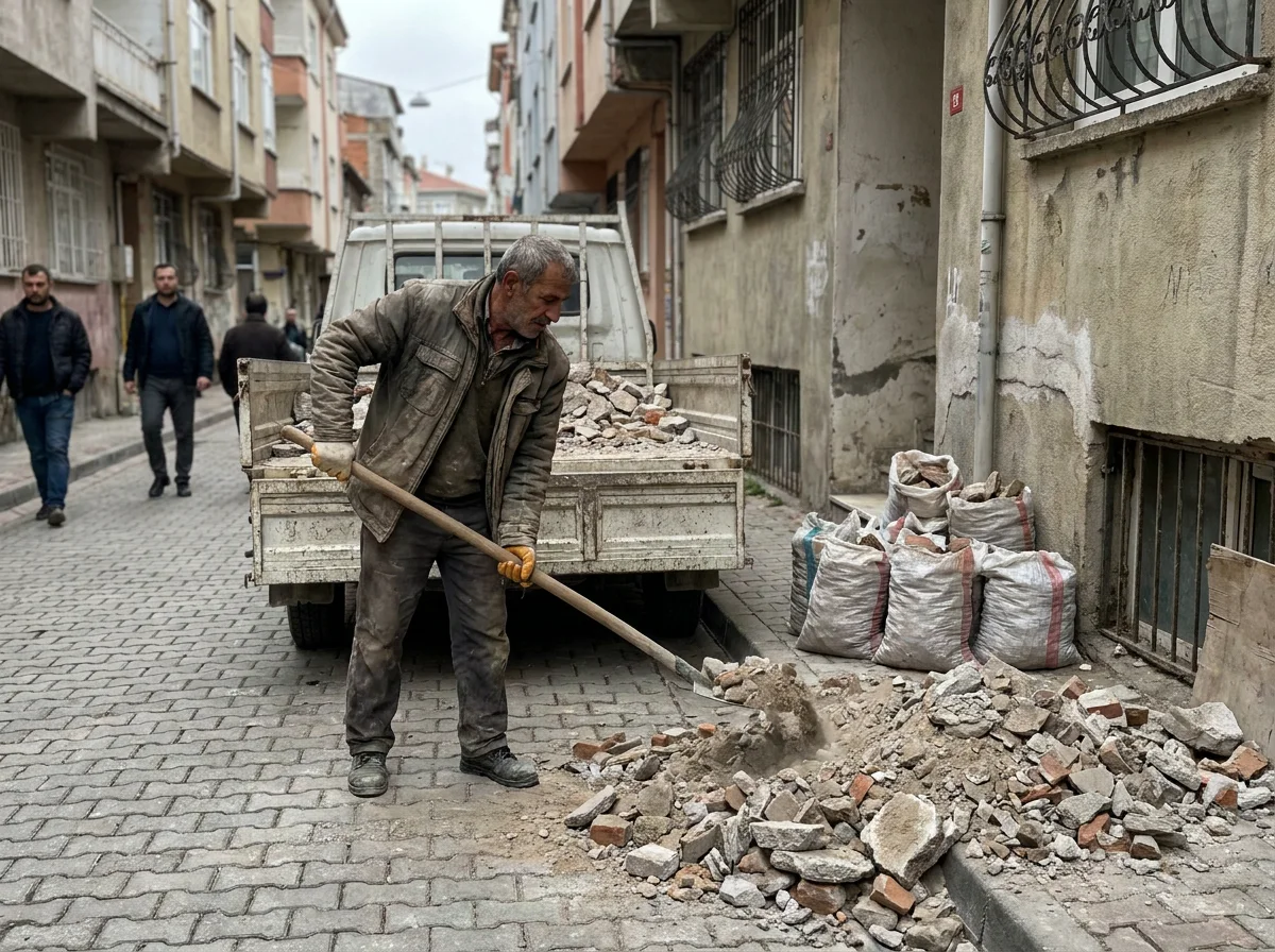 Apartman önünde moloz çuvallarını konteynere taşıyan ekip